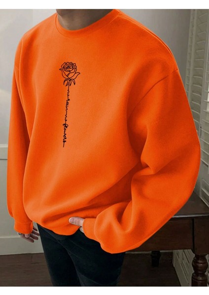 Turuncu Gül Baskılı Oversize Bisiklet Yaka Erkek Sweatshirt