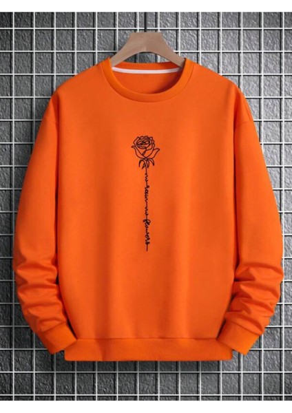 Turuncu Gül Baskılı Oversize Bisiklet Yaka Erkek Sweatshirt