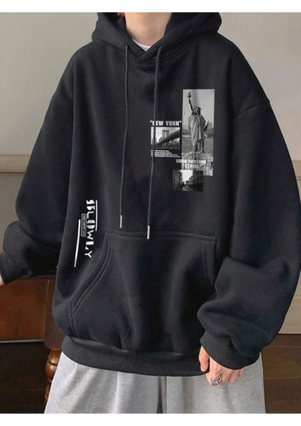 Siyah Özgürlük Heykeli Baskılı Oversize Kapuşonlu Erkek Sweatshirt