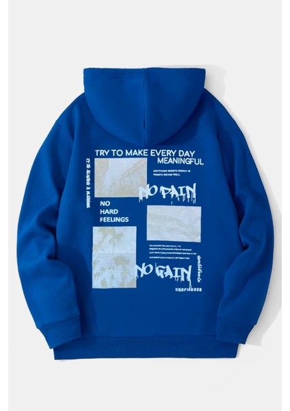 Sax Mavi No Pain No Gain Baskılı Oversize Kapuşonlu Sweatshirt