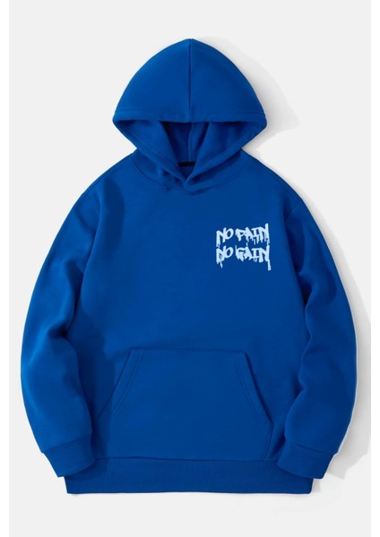 Sax Mavi No Pain No Gain Baskılı Oversize Kapuşonlu Sweatshirt