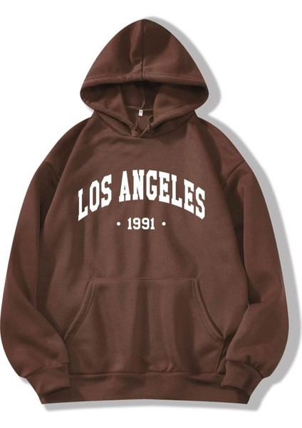 Unisex Kahverengi Los Angeles Baskılı Oversize Kapüşonlu Sweatshirt