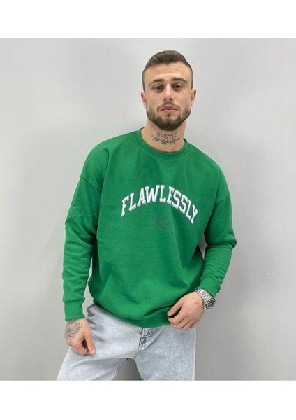 Erkek Yeşil Flawlessly Baskılı Oversize Bisiklet Yaka Sweatshirt