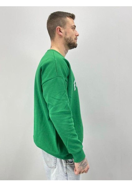 Erkek Yeşil Flawlessly Baskılı Oversize Bisiklet Yaka Sweatshirt