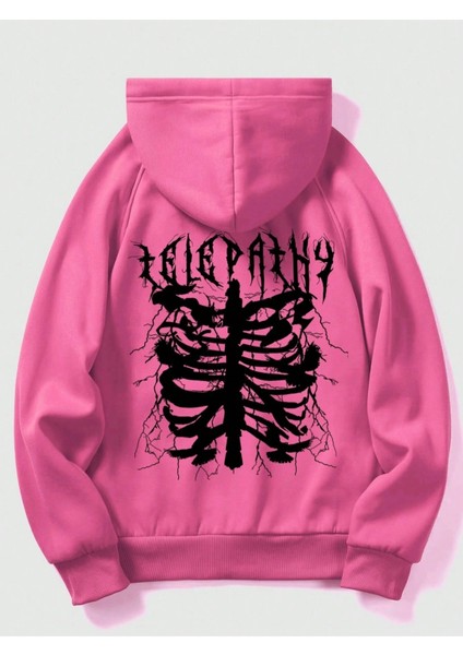 Pembe Telepathy Baskılı Oversize Kapşonlu Erkek Sweatshirt