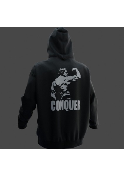 Siyah Conquer Baskılı Oversize Erkek Bisiklet Yaka Sweatshirt