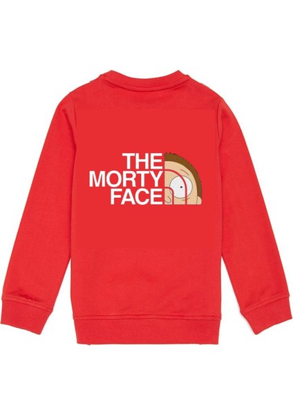 Kırmızı Morty Face Baskılı Oversize Erkek Bisiklet Yaka Sweatshirt