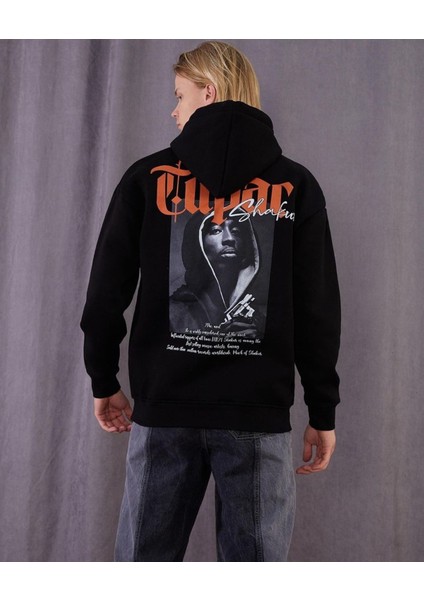 Siyah Tupac Baskılı Oversize Kapuşonlu Erkek Sweatshirt