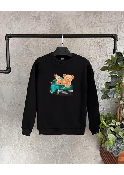 Siyah Ayı Baskılı Oversize Bisiklet Yaka Erkek Sweatshirt