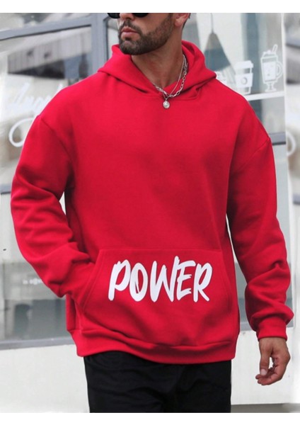 Kırmızı Power Baskılı Oversize Kapüşonlu Erkek Sweatshirt