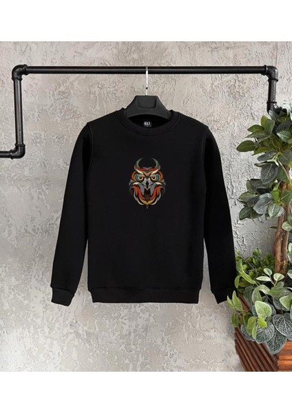 Siyah Baykuş Baskılı Oversize Bisiklet Yaka Erkek Sweatshirt