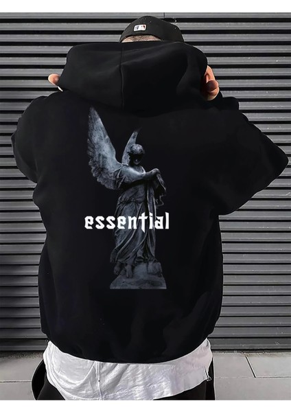 Siyah Essential Baskılı Oversize Kapüşonlu Erkek Sweatshirt