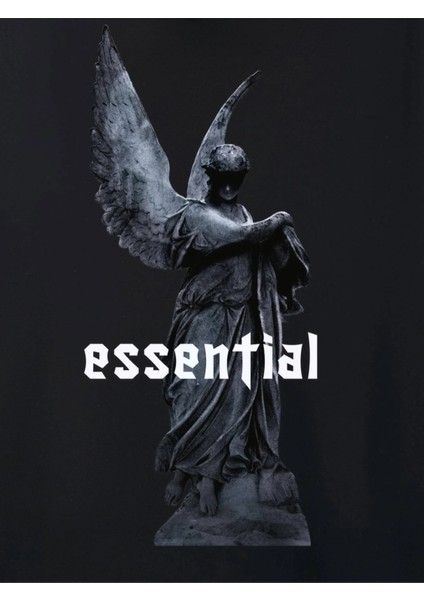 Siyah Essential Baskılı Oversize Kapüşonlu Erkek Sweatshirt