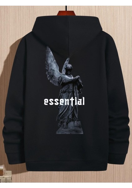 Siyah Essential Baskılı Oversize Kapüşonlu Erkek Sweatshirt
