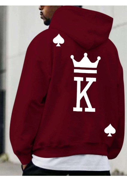 Bordo Maça Papaz Baskılı Oversize Kapüşonlu Erkek Sweatshirt