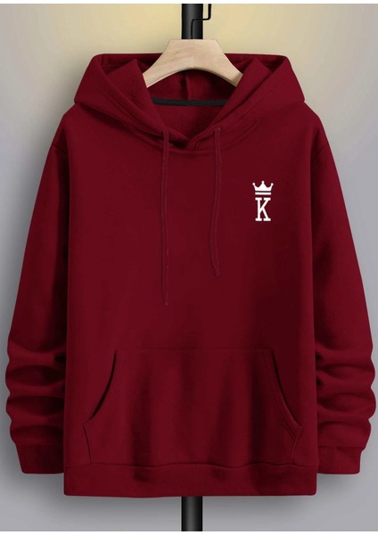 Bordo Maça Papaz Baskılı Oversize Kapüşonlu Erkek Sweatshirt