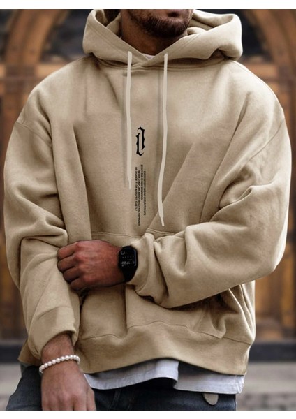 Bej Dikey Baskılı Oversize Kapüşonlu Erkek Sweatshirt
