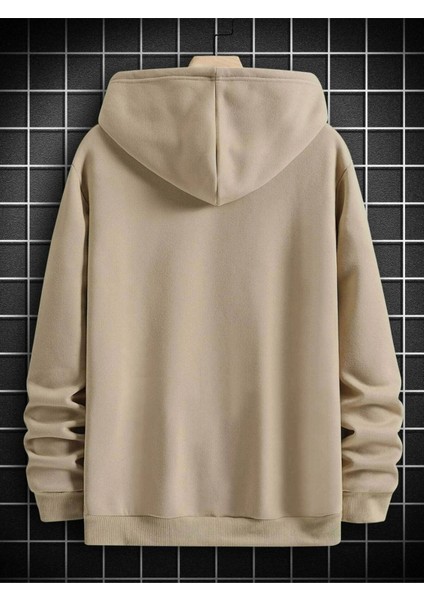 Bej Dikey Baskılı Oversize Kapüşonlu Erkek Sweatshirt