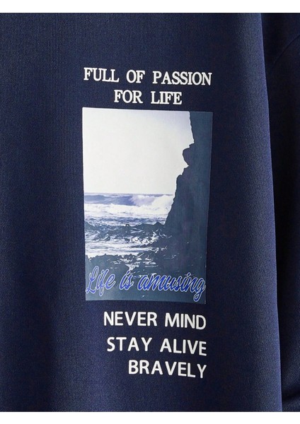 Lacivert Full Of Passion Baskılı Oversize Kapüşonlu Erkek Sweatshirt