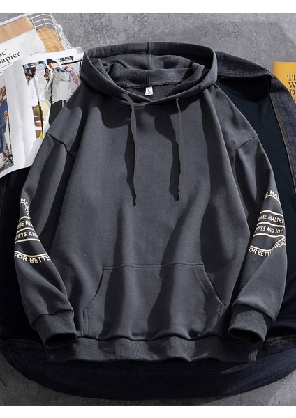Antrasit Kol Baskılı Oversize Kapüşonlu Erkek Sweatshirt