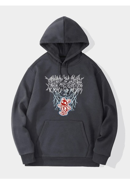 Antrasit Surprise Baskılı Oversize Kapüşonlu Erkek Sweatshirt