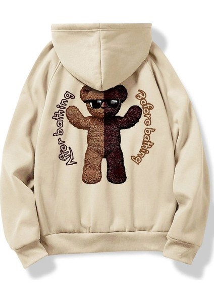 Bej After Before Bathing Baskılı Oversize Kapüşonlu Erkek Sweatshirt