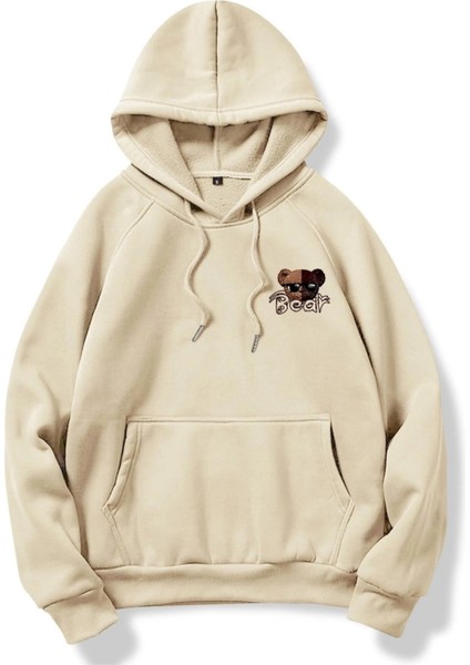 Bej After Before Bathing Baskılı Oversize Kapüşonlu Erkek Sweatshirt