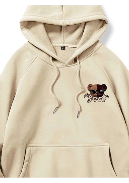 Bej After Before Bathing Baskılı Oversize Kapüşonlu Erkek Sweatshirt