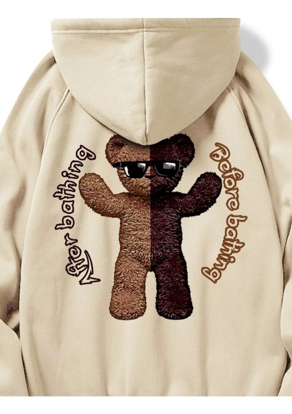 Bej After Before Bathing Baskılı Oversize Kapüşonlu Erkek Sweatshirt