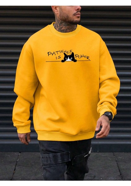 Sarı Patience Baskılı Oversize Bisiklet Yaka Erkek Sweatshirt