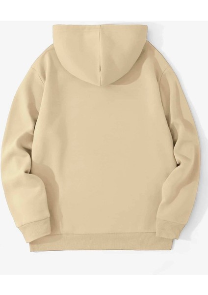 Bej Özgürlük Heykeli Baskılı Oversize Kapuşonlu Erkek Sweatshirt