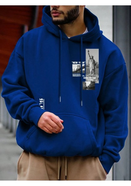 Sax Mavi Özgürlük Heykeli Baskılı Oversize Kapuşonlu Erkek Sweatshirt.