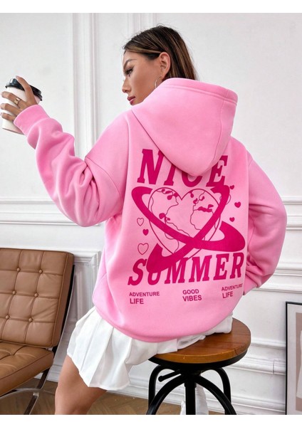 Pembe Nice Summer Baskılı Oversize Kapüşonlu Unisex Sweatshirt