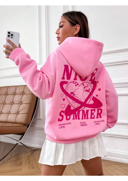 Pembe Nice Summer Baskılı Oversize Kapüşonlu Unisex Sweatshirt