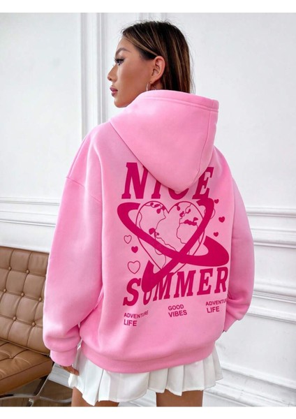 Pembe Nice Summer Baskılı Oversize Kapüşonlu Unisex Sweatshirt