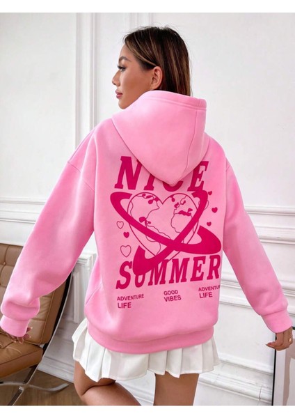 Pembe Nice Summer Baskılı Oversize Kapüşonlu Unisex Sweatshirt