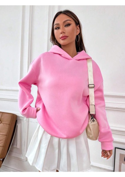 Pembe Nice Summer Baskılı Oversize Kapüşonlu Unisex Sweatshirt