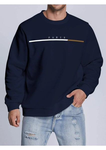 Lacivert Oversize Kırmızı Beyaz Çizgili Paris Baskılı Erkek Sweatshirt