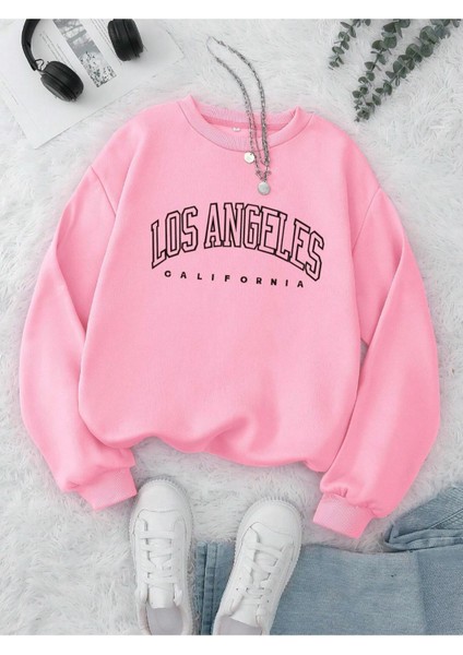 Pembe California Baskılı Oversize Bisiklet Yaka Kadın Sweatshirt
