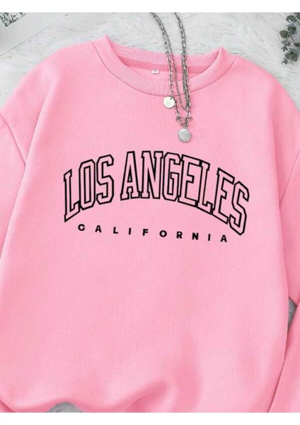 Pembe California Baskılı Oversize Bisiklet Yaka Kadın Sweatshirt fırsatları
