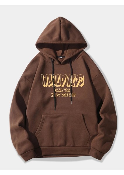 Kahverengi Dünya World Wide Baskılı Oversize Kapüşonlu Erkek Sweatshirt fiyatları