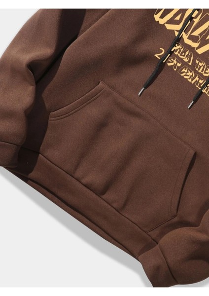 Kahverengi Dünya World Wide Baskılı Oversize Kapüşonlu Erkek Sweatshirt modelleri