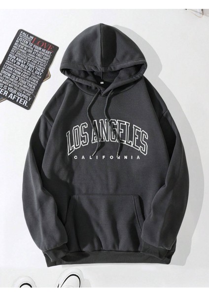 Siyah La California Baskılı Oversize Kapüşonlu Erkek Sweatshirt