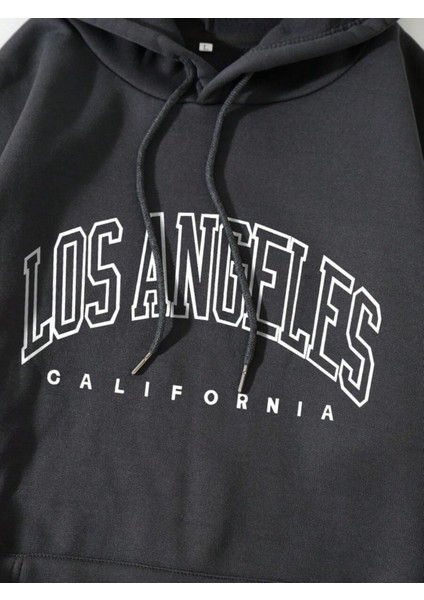 Siyah La California Baskılı Oversize Kapüşonlu Erkek Sweatshirt