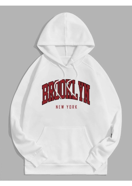 Beyaz Brooklyn New York Baskılı Oversize Kapüşonlu Erkek Sweatshirt