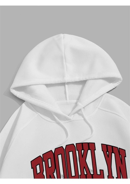 Beyaz Brooklyn New York Baskılı Oversize Kapüşonlu Erkek Sweatshirt fiyatları