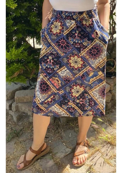 Kadın Renkli Lacivert Cepli Midi Etek 12D-5068 modelleri