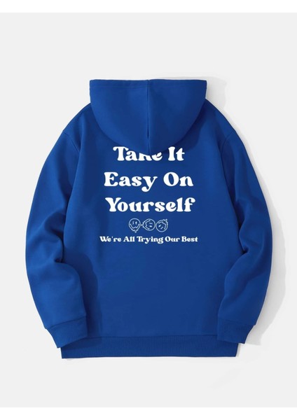 Sax Mavi Take It Baskılı Oversize Erkek Sweatshirt