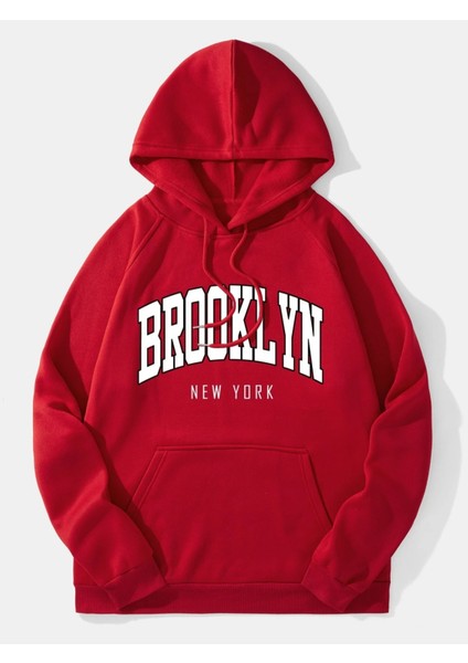 Kırmızı Brooklyn New York Baskılı Oversize Kapüşonlu Erkek Sweatshirt