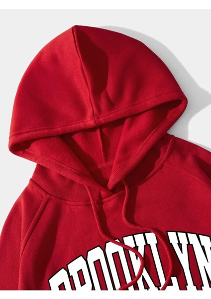 Kırmızı Brooklyn New York Baskılı Oversize Kapüşonlu Erkek Sweatshirt modelleri